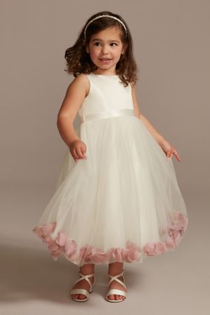 David's Bridal Satin Tulle Flower Girl Dress with Colored Petals